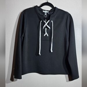 Cupio Black Lace-Up Pullover Top with White Drawstrings